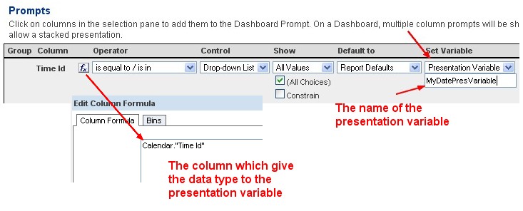 presentation variable in column formula obiee