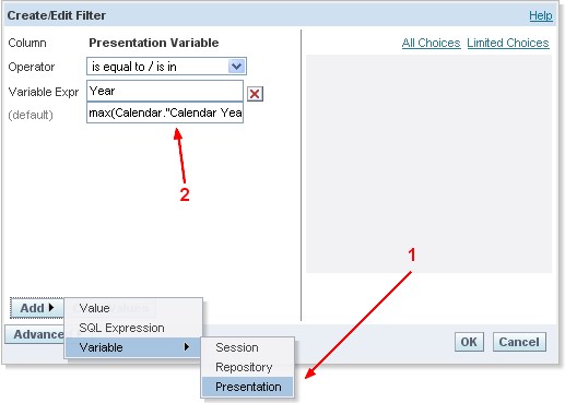 how to use presentation variable in obiee prompt