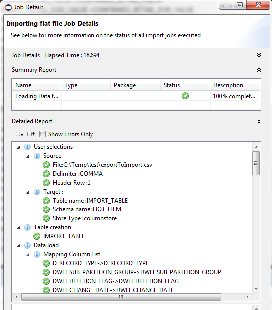 Hana Studio Import Csv Job Details Finished