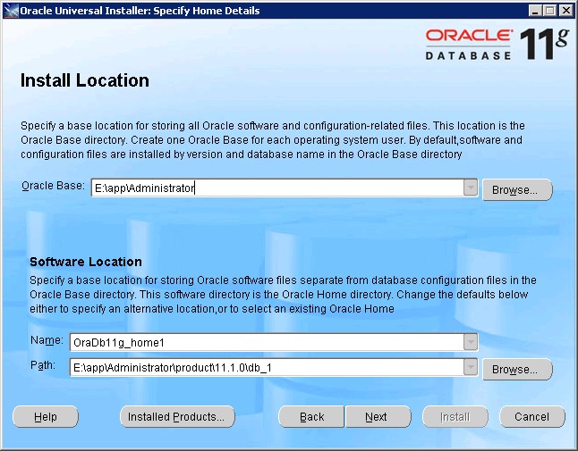 Install Oradb 11g Screen 3 Install Location