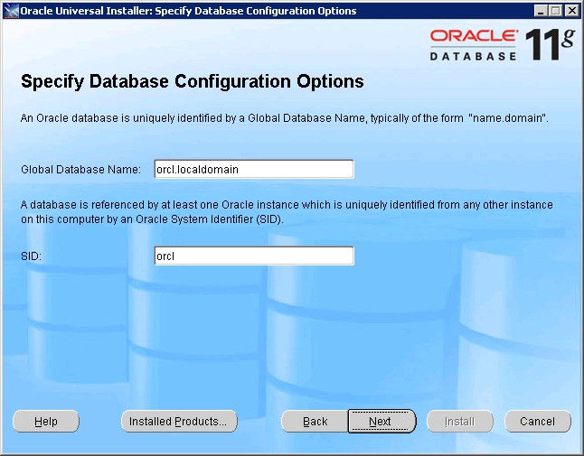 Install Oradb 11g Screen 8 Database Config Options