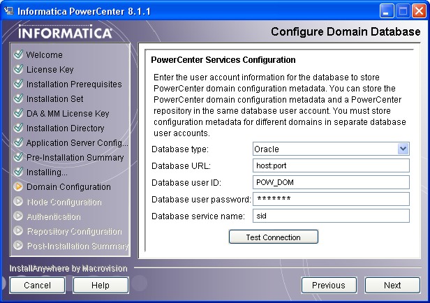 Powercenter Installation Server Domain Database