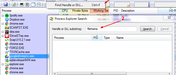 Process Explorer Handle Open File Search