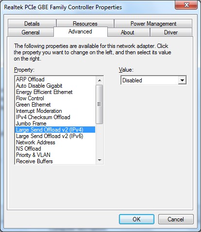 Windows Network Card Large Send Disable