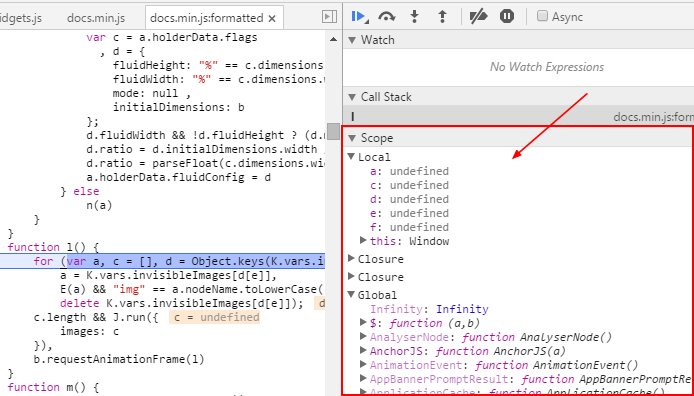 Chrome Dev Tool Source Debugger Scope